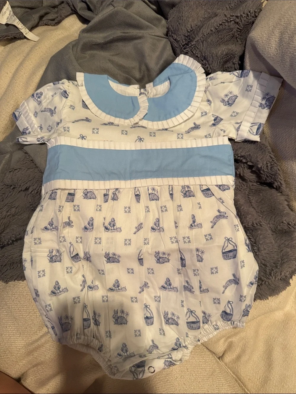 Classic Blue & White Printed Bubble Romper with Peter Pan Collar